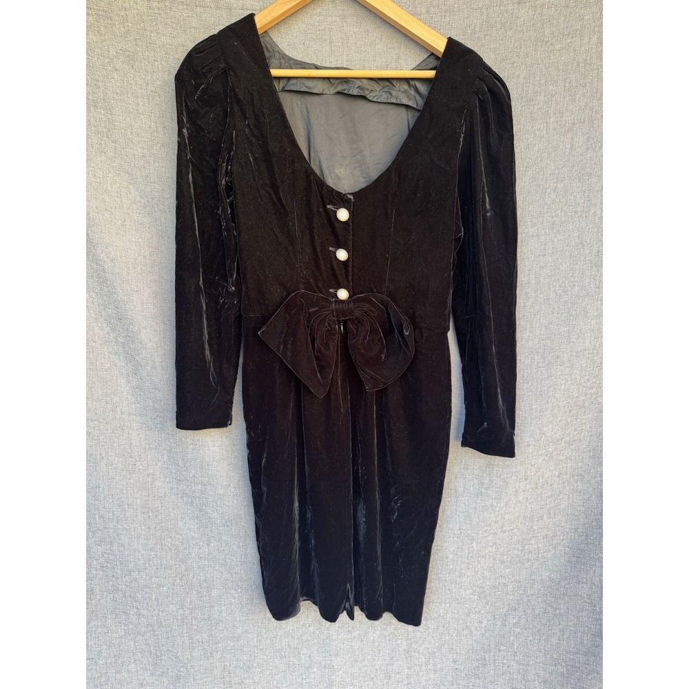 Vtg‎ 80s Black Velvet Maggy London Jeannene Booher Dress Sz 6 Bow Puff Sleeve